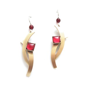 Brushed Goldtone Red Acrylic Curved Dangle Earrings